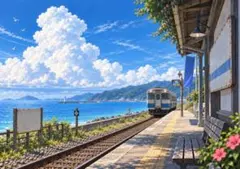 【イラスト】夏の海辺と駅舎 アートポスター