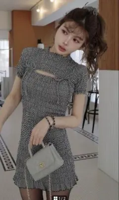 リボンシャーリングギンガムミニワンピースブラック