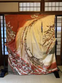 正絹振袖 扇面 桜 鶴 金彩 赤 金　卒業式成人式前撮り結婚式中古のサムネイル