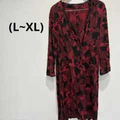 赤と黒の抽象模様 Vネック長袖ワンピース(L~XL)