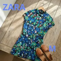 ZARA 鮮やかボタニカル柄ワンピース 膝丈 半袖 ブルー グリーン 総柄 M