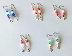 ５組セット　ピアス　まとめ売り①　カラフルビーズ星型チャームピアス　フック　猫