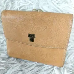 美品 ANNA SUI がま口 蝶柄 総柄 レザー ロゴ 三つ折り財布 キャメルのサムネイル