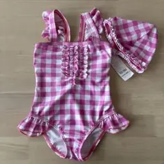 （新品）ピンク　ギンガムチェック　ワンピース水着　帽子付き