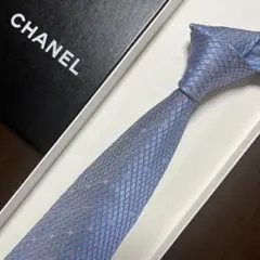 シャネル　ネクタイ　青色　CCココマーク　チェーン付　シルクジャガード