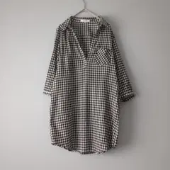 grove 楊柳素材　ギンガムチェック　スキッパーシャツ　L