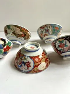 【未使用】有田焼 彩窯 絵変わり茶碗揃 5客 金彩古伊万里 花鳥 色絵 箱入り