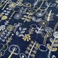 s20-n▼135×50cm▼コットンリネン刺繍生地▼ナチュラル　ネイビー