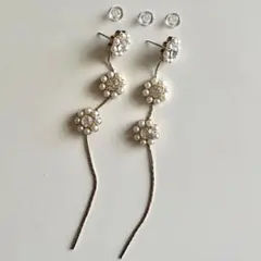 フラワー パールピアス 三連