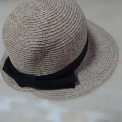 ストローハット ベージュ 黒リボン