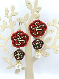 【水引】梅結びの2連ピアス 赤緑*値下げ