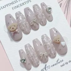 現品ネイルチップ୨୧くまちゃん×ツイード୨୧♡量産型スナ系⟡韓国♡ダスティピンク