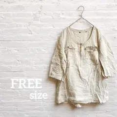 海外古着‼︎【FREE】リネン プルオーバー グレーベージュ五分袖 シャツ