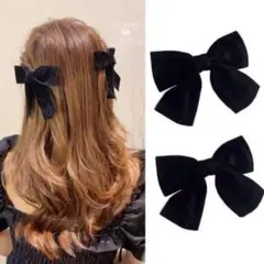 2個 リボン ヘアクリップ ベロア ブラック 黒 韓国 ヘアアクセサリー 量産型