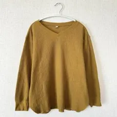 UNIQLO/ワッフルVネック長袖トップス/マスタード/M/カットソー
