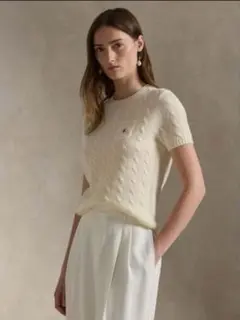 ラルフローレン　カシミヤ　ケーブル編み　半袖ニット　ポケット　白 XS