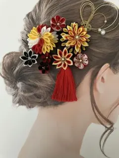 【成人式・七五三】つまみ細工 髪飾り 黄 白 黒　赤 ハンドメイド 和装 結婚式