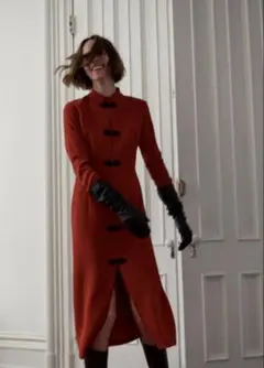 (極美品)ZARA トグルボタン　チャイナドレス　ロングワンピース　赤