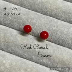 #039 赤珊瑚5mm ゴールド　サージカルステンレスピアス