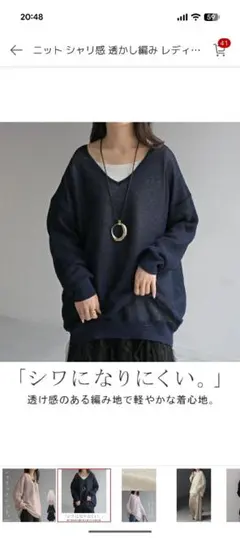 フリーサイズ　ハグユー　透かし編み 長袖ニット シャリ感 Vネックのサムネイル