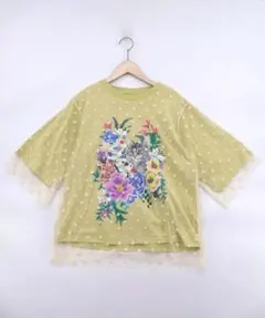 新品タグ付 スカラー　161644：ドットチュール重ね花ネコ柄Tシャツのサムネイル