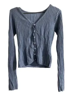ブルーリブ編みVネックカーディガン moussy パールボタン