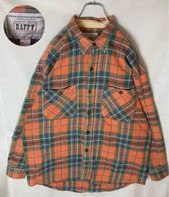 レトロ古着オレンジマルチカラーチェックデザインコットンシャツゆったりサイズ