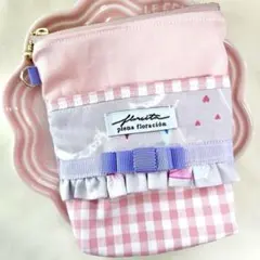 ユメカワ柄×ピンクチェック　ポケットティッシュケース付きポーチ　大きめ