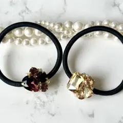 【限定セット】ぶどうカラー＆シャンパンゴールド　ストーン　キラキラ　ヘアゴム