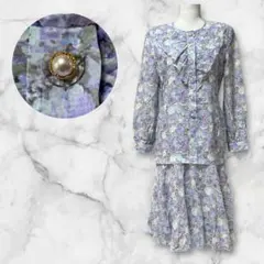 昭和レトロワンピース 薄紫 花柄 フリル付き ロングワンピース パールボタン