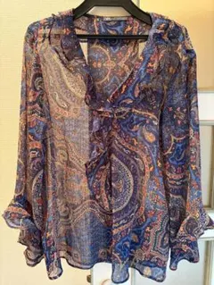 ZARA ペイズリー柄 シースルーブラウス L
