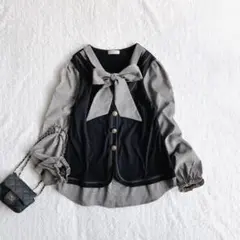 axes femme ベスト重ね着風 プルオーバー グレンチェック ボウタイ