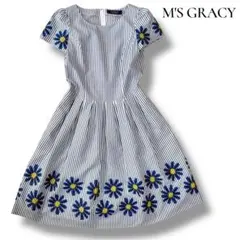 美品【エムズグレイシー】ストライプ　花柄刺繍　ひざ丈ワンピース　M 近年　日本製