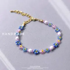 FA009＊ハンドメイド＊フラワービーズブレスレット＊ブルー×ピンク 淡色