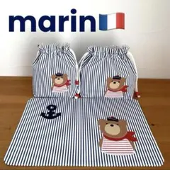 ハンドメイドお弁当袋・コップ袋・ランチョンマット3点セット　マリンくまさん
