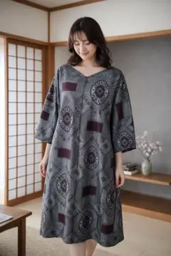 大島紬　着物リメイクワンピース　ゆったり　Ｌサイズ