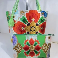 763帯リメイクバッグポーチセットグリーンに大きな鮮やかお花紋