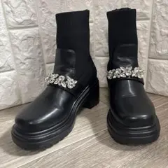 【オリエンタルトラフィック】ビジュー付きブラックサイドゴアブーツ