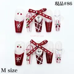 【現品#86】Mサイズネイルチップ　リボンさくらんぼ柄ストーン　ロングバレリーナ