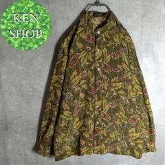 柄シャツ　カーキ　バロック柄　リーフ柄　ノーカラー　ヴィンテージ古着