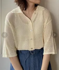 LOWRYS FARM メッシュポロカーディガン アイボリー フリーサイズ