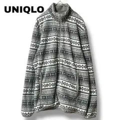 【ユニクロ】Mサイズ　フリースジャケット　総柄　フルジップ　ハイネック　グレー