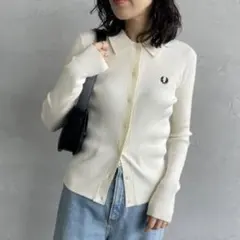 フレッドペリー 五分袖 リブニット 月桂樹刺繍 ポロ カーディガン