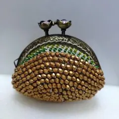 ハンドメイド ビーズ編み がま口ミニポーチ ゴールド