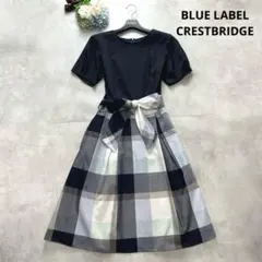 清楚✨ブルーレーベルクレストブリッジ ワンピース リボン 水色 チェック 38