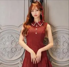 ジュエルズ レッド フレアドレス パール付き襟 ツイードプリーツドレス XS