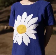 デイジー柄 半袖ニットトップス 青　JONES NEW YORK SPORT