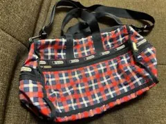 レスポートサック レスポ 赤青チェック柄 ボストンバッグ ★同柄のポーチ付き