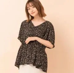 小花柄 Vネック 半袖ブラウス レトロガール　チュニックのサムネイル