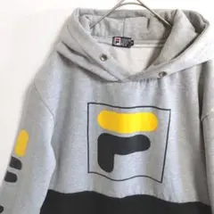 A16　FILA　スウェットパーカ　M　灰　黒　黄色　ふっくら　US古着